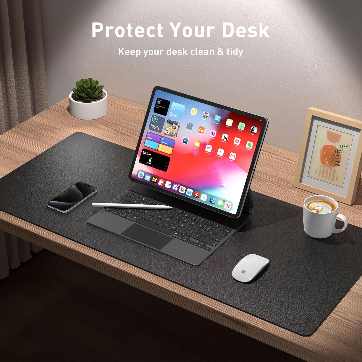 Aothia Non-Slip Waterproof PU Leather Desk Pad Protector for Mouse, Writing Desk, Office, Home, Laptop Blotter, 23.6" x 13.7", Black - Image 3